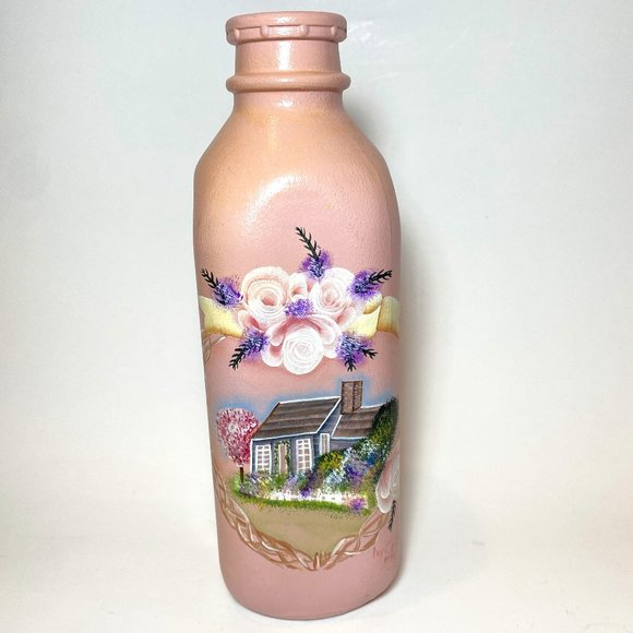 Hand Painted Milk Bottle Vase Pink Wood Cabin Farmhouse Decor Floral - Picture 1 of 9